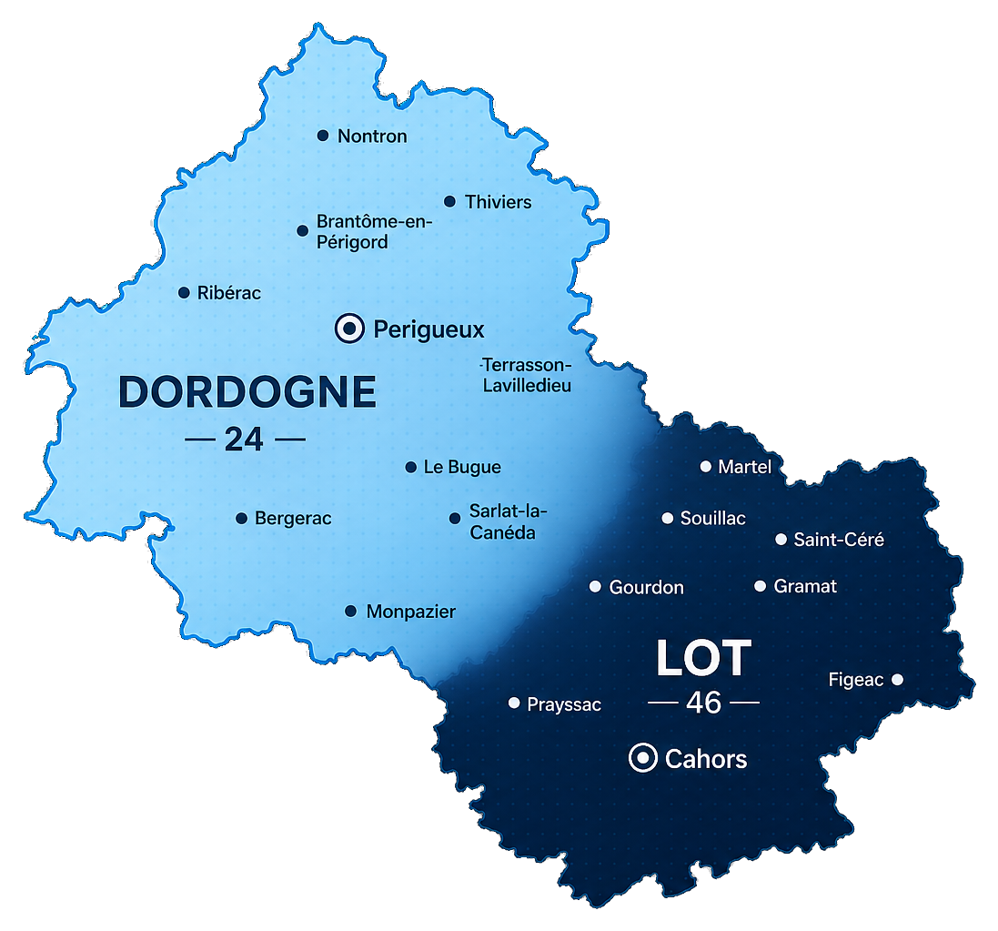 Carte de la Dordogne et du Lot avec les principales villes